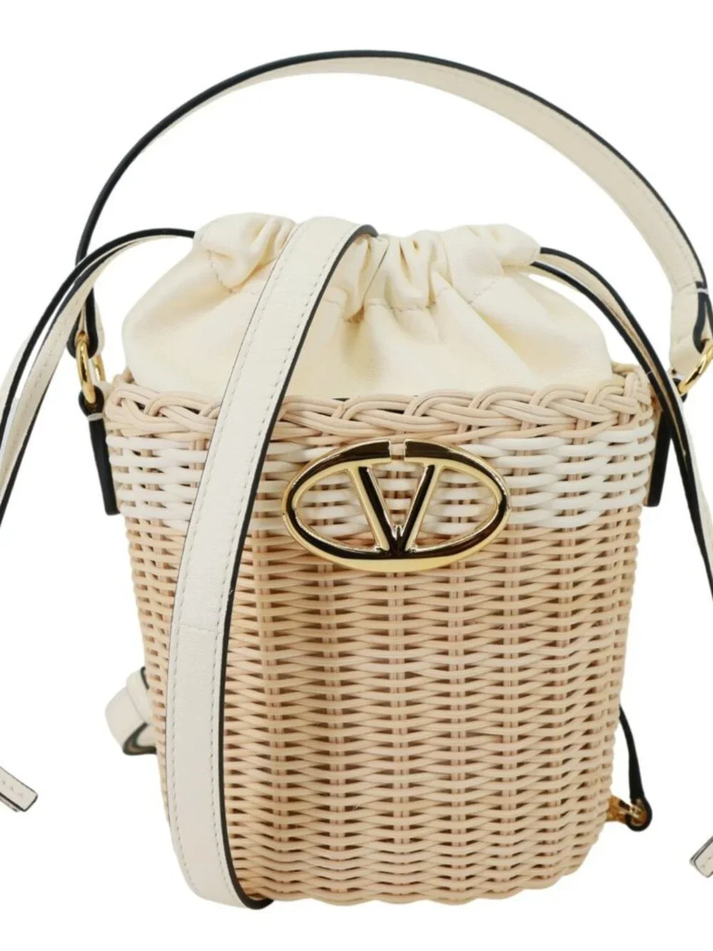 Valentino Garavani Vlogo Raffia Wicker Bucket Bag Beige